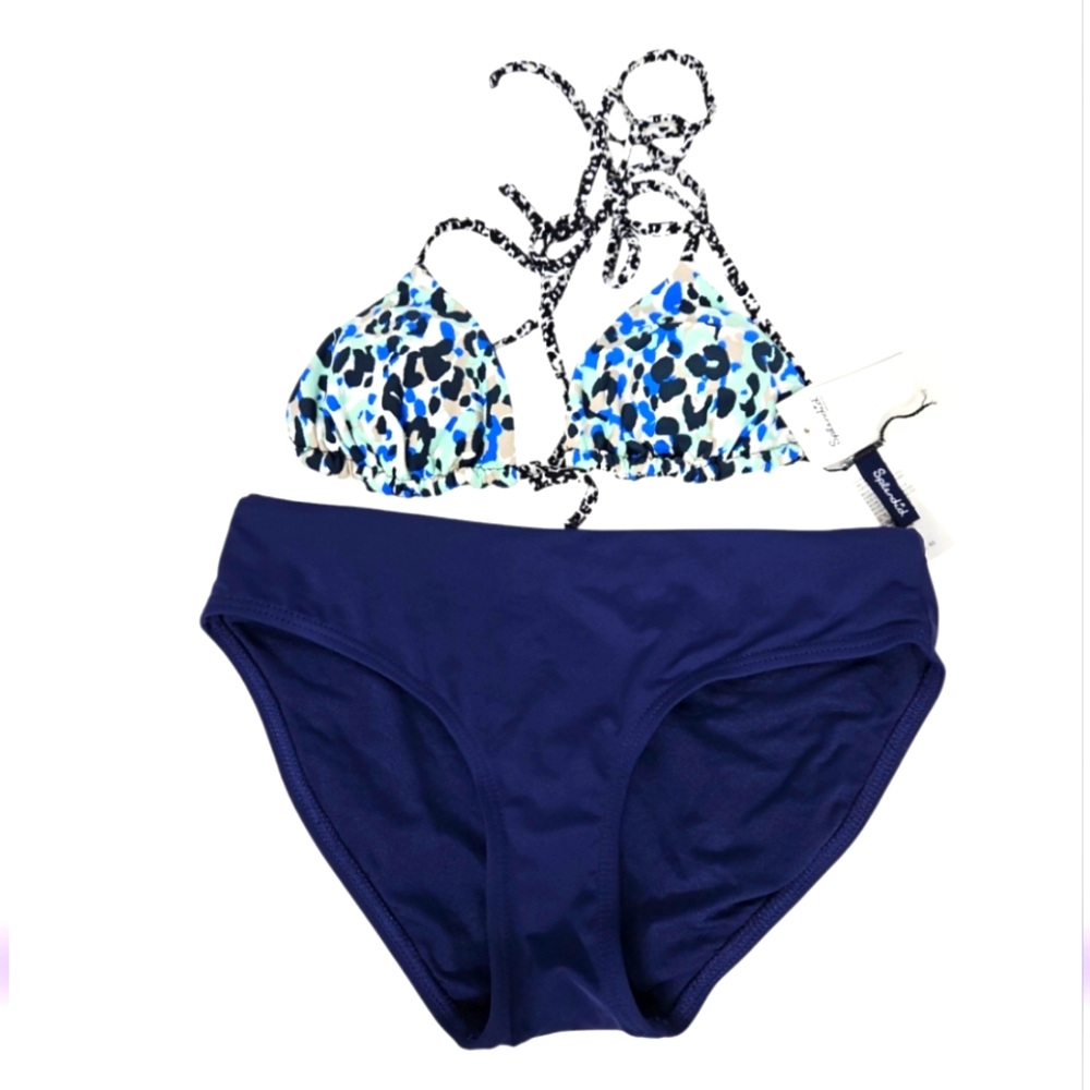 Splendid Tropic Spots Triangle Bikini Top With Navy Bikini Bottoms Size XS NEW